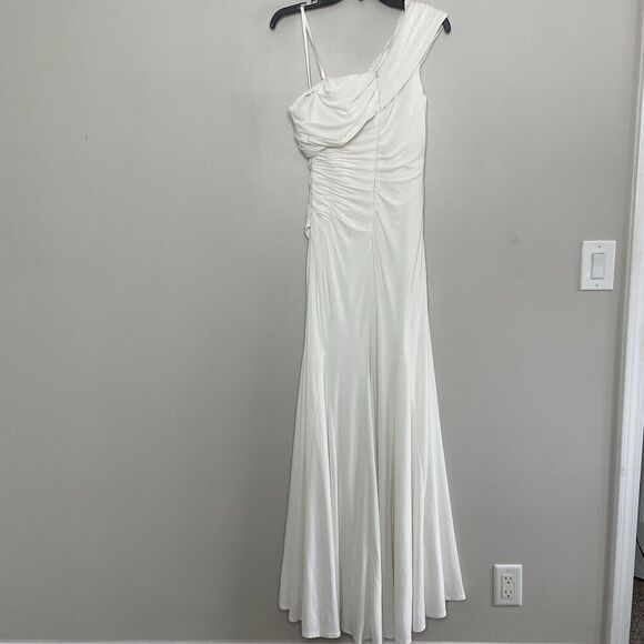 MAC DUGGAL Off Shoulder Gown Women 6 White Ruched Long Dress High Slit Wedding - Picture 9 of 11